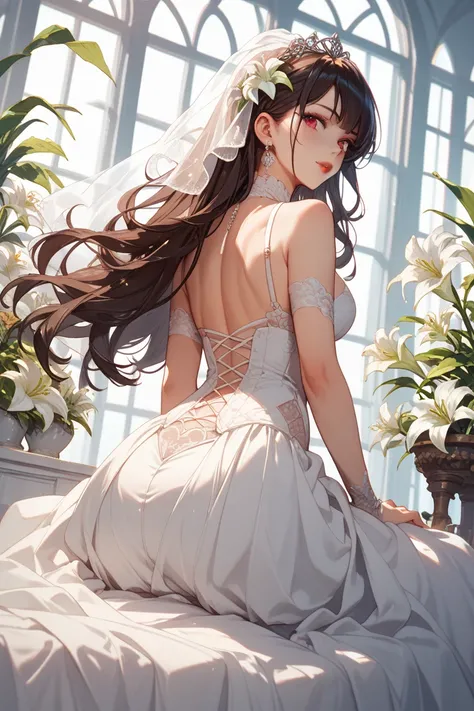 long haired and dark haired ，A girl with red eyes and a beautiful face、red glossy lips、Oshitakoshi、Sit with slender legs 、white wedding dress，Brown Beauty，　Kamigami，Turning around from behind，White Lily，