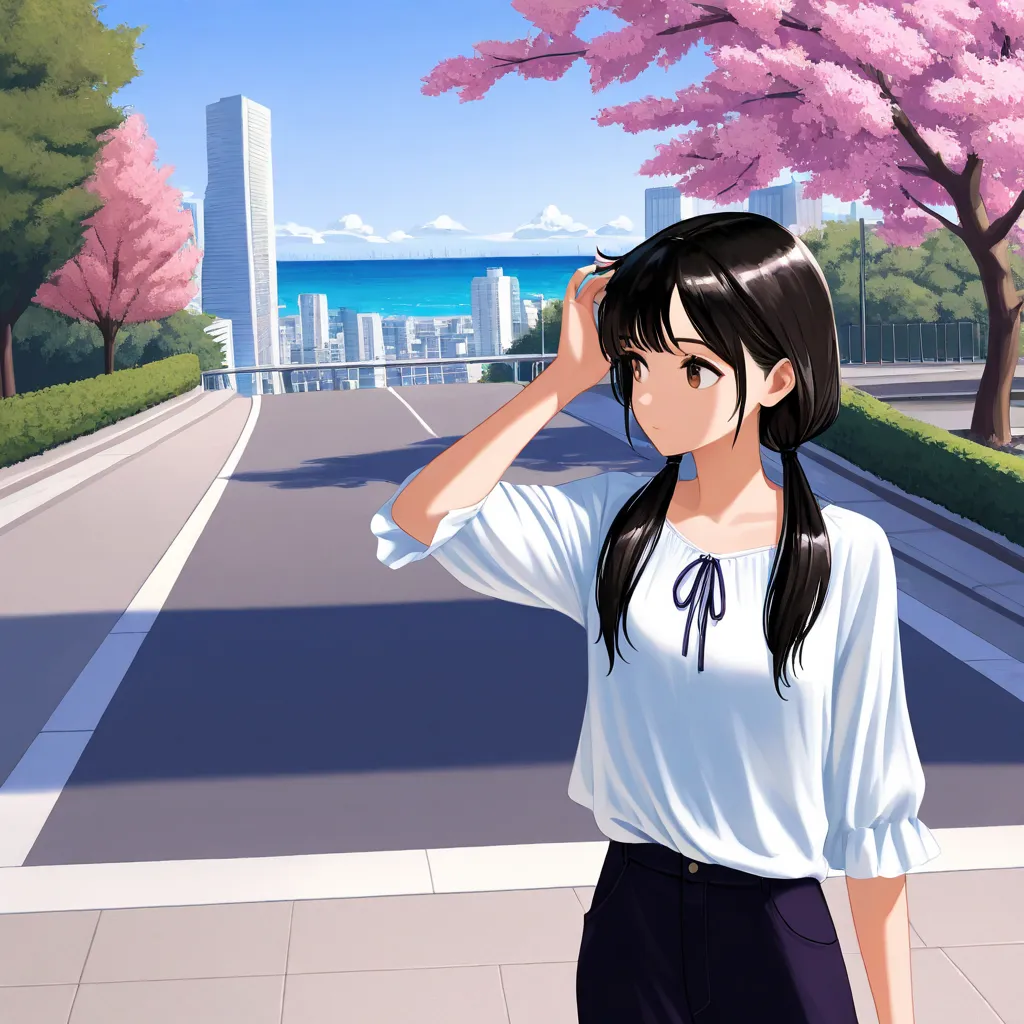 masterpiece, 1girl, arm up, blouse, hand on hair, skrt, black hair, low twintails, long hair, long sidehair, brown eyes, ribbon, pink plum tree, (downhill slope:1.2), sidewalk, on side walk, road, cityscape, ocean, sky, cowboy shot