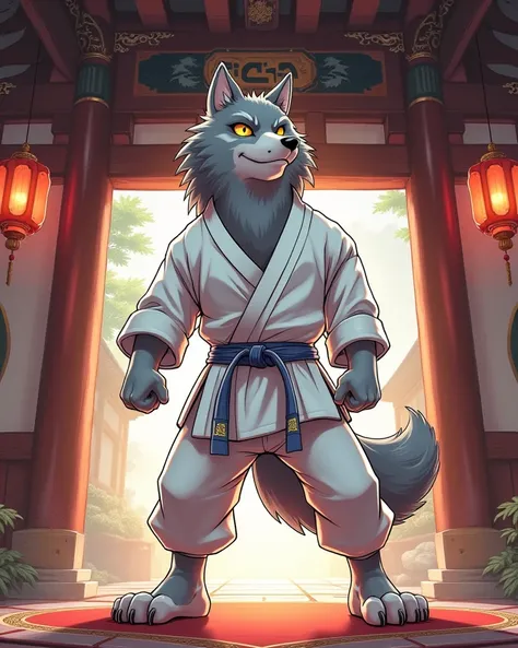 Anime art,White beltmale grey wolf wearing a white jiu-jitsu gi ready to fight in a martial arts Temple