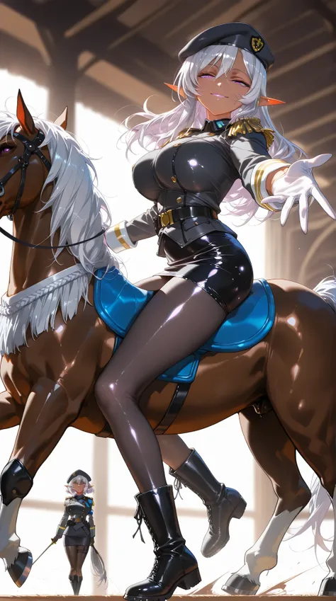 1 mature beautiful dark elf woman, (incredible high resolution, masterpiece, top quality, highly detailed, CG, high quality anime drawing), (female cavalry officer, black latex military uniform with epaulettes: 1.3, beret, pencil skirt, body stocking, blac...