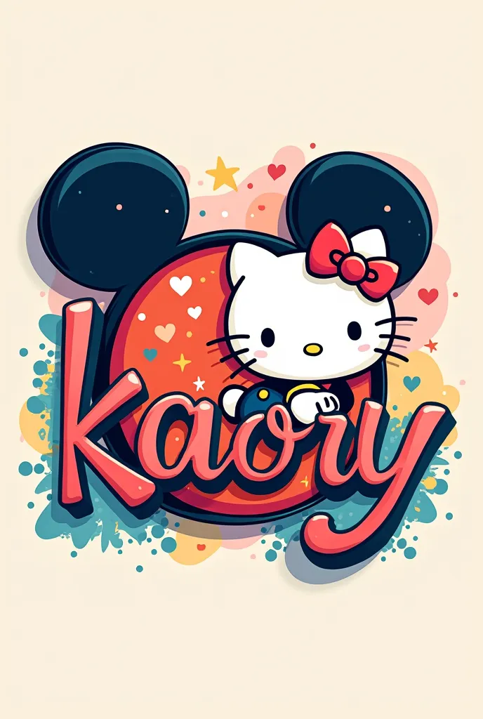 Create me with the word KAORY letters of Mickey and Minnie and Hello Kitty from colorful and beautiful cartoons with a single color background 