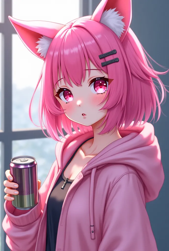 A young cute anime girl with pink hair and pink fox ears hair clip and drink canned juice, where a pink jacket should &#39, be cute but gloomy pink glowing eyes and sexy