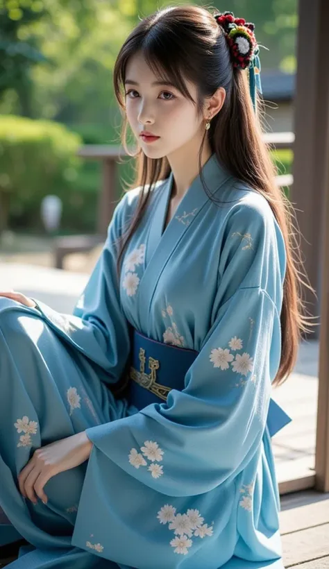 a photograph or a photo-like shot, which appears to be a portrait or painting. It features a person sitting on a wooden floor, dressed in a traditional blue kimono adorned with white floral patterns. The individual has long, flowing hair, and a small flora...