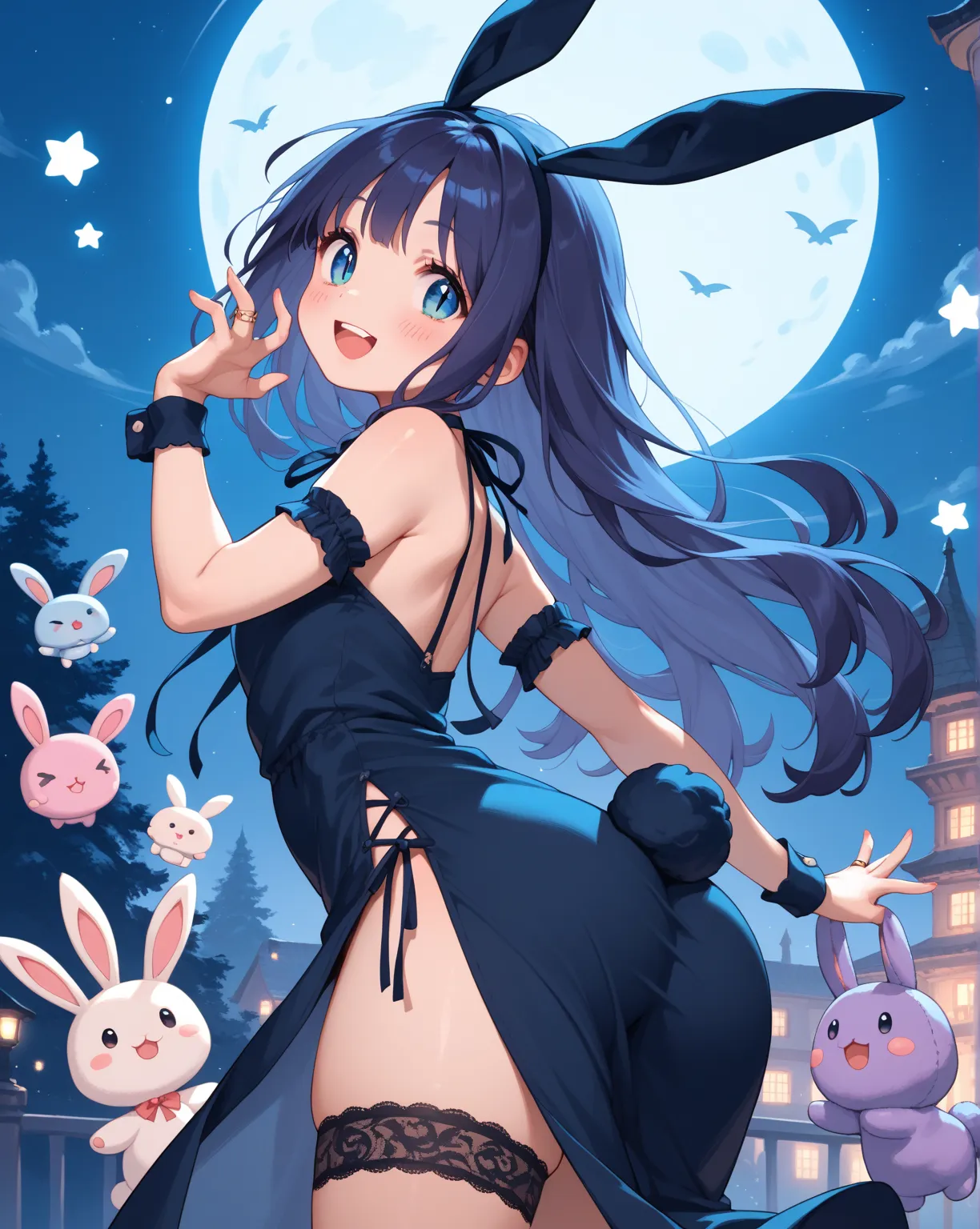 chibi anime , petit girl , round face , show off Thick thighs , bold open side drawstring dress , black garter ring , (heart is beating fast:0.1) , (Rodents tooth) , bold pose , out of frame , looking away , coquettish , stuffed rabbit , turn , night club ...