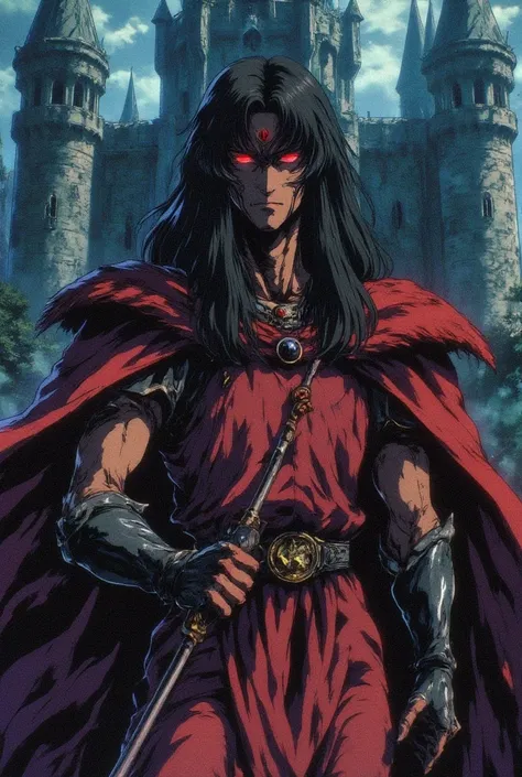 man with dark skin, long black hair, dressed in a red medieval tabard, red eyes, black leather gloves, torn cloak with voluminous black hair on the shoulders, look of superiority and sarcastic smile, castle