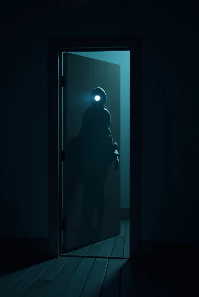 A dark, eerie room with the wooden door now fully open. A shadowy figure with glowing eyes stands behind the door, barely visible but undeniably menacing. The young man screams in terror as the door slams shut violently. The screen fades to black, leaving ...