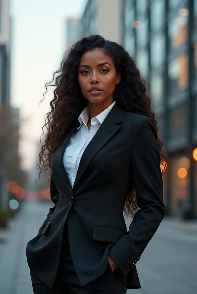 "A confident mixed-race woman (Asian and South Asian), approximately 35 years old, with long, beautifully permed hair, deep, sweet brown eyes, and warm, glowing skin. She has a self-assured expression, standing tall in a modern business suit with a city sk...