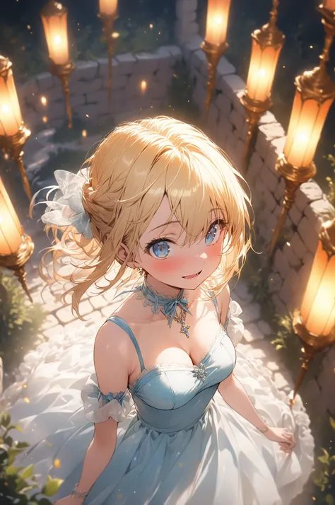 (masterpiece, detailed:1.2), One Girl, Princess, (18-years old), blonde one updo, Medium Breasts, sky blue eyes, Surprised, BREAK, Highest quality, castle, view from above, focus on cleavage