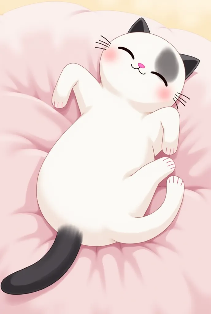 White cat with black tail lying on its back anime style 