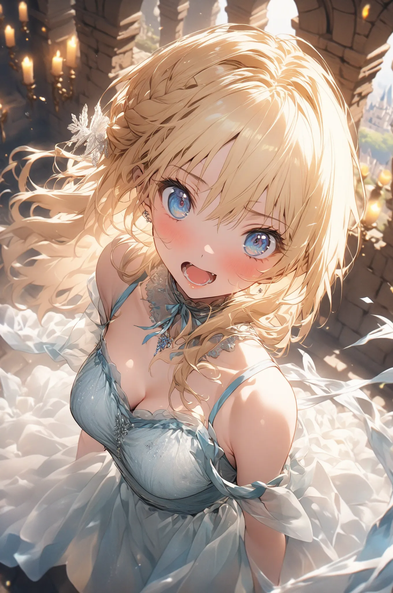 (masterpiece, detailed:1.2), One Girl, Princess, (18-years old), blonde one updo, Medium Breasts, sky blue eyes, Surprised, BREAK, Highest quality, castle, view from above, focus on cleavage