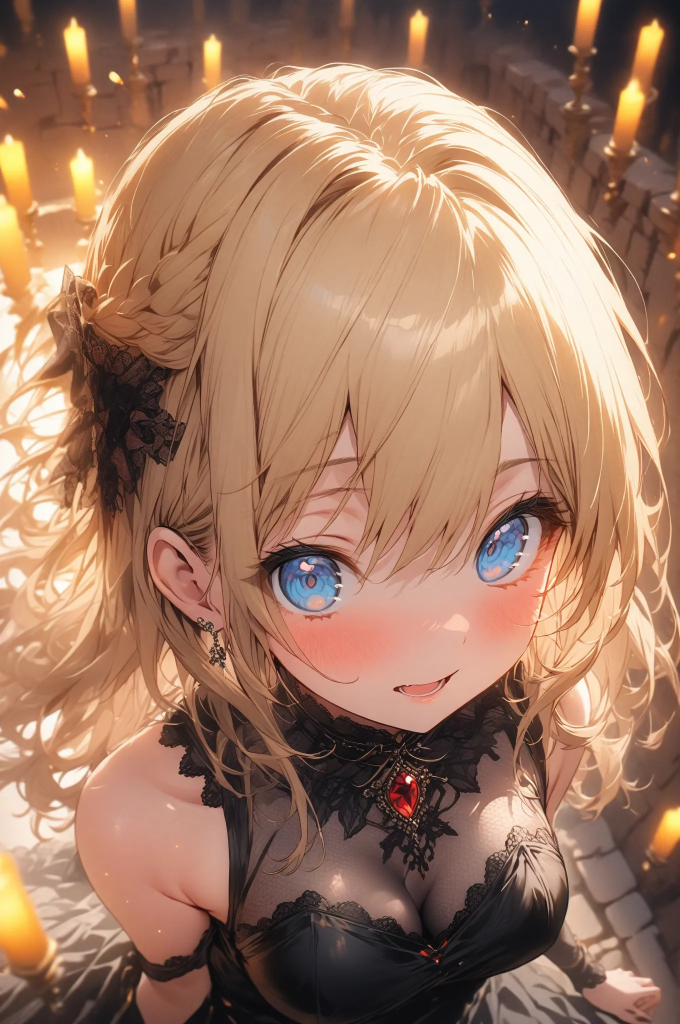 (masterpiece, detailed:1.2), One Girl, Princess, (18-years old), blonde one updo, Medium Breasts, sky blue eyes, Surprised, BREAK, Highest quality, castle, view from above, focus on cleavage