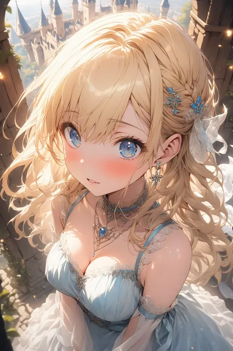 (masterpiece, detailed:1.2), One Girl, Princess, (18-years old), blonde one updo, Medium Breasts, sky blue eyes, Surprised, BREAK, Highest quality, castle, view from above, focus on cleavage