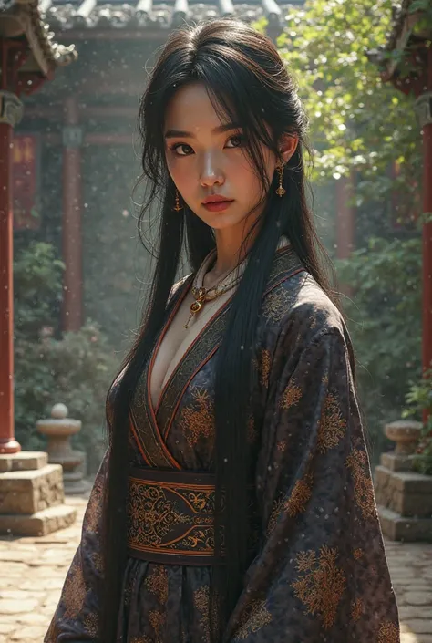 portrait of the character Sargula from the game KingGodCastle, highly detailed facial features, serious expression, long dark hair, ornate traditional Korean clothing, standing full-body in a temple courtyard, detailed stone architecture, lush foliage, sof...