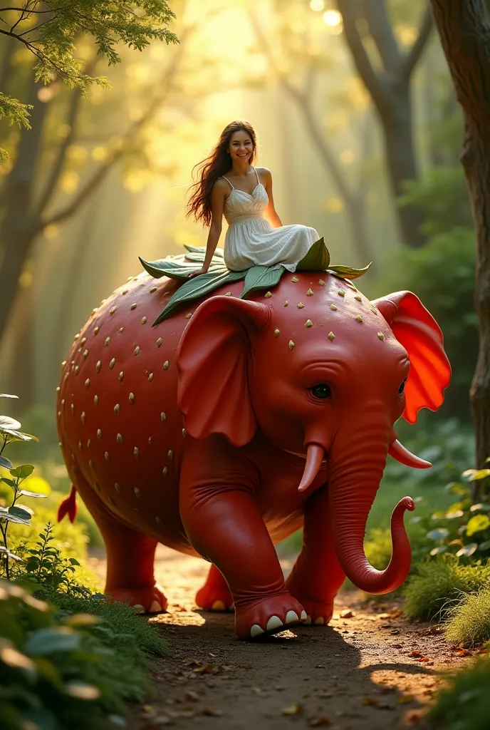 A whimsical elephant with a body shaped like a giant strawberry, its bright red skin dotted with tiny seed-like spots. Its large, leaf-like ears sway gently, while its curved trunk moves gracefully. The elephant's sturdy legs carry it smoothly through the ...