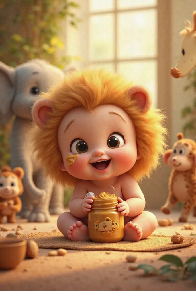 A cute, chubby baby with big, wide, sparkling eyes full of curiosity and joy. The baby has a fluffy, voluminous mane of golden hair, resembling a lion’s mane, framing their round, rosy-cheeked face. They are holding a small spoon in one hand and a jar of p...