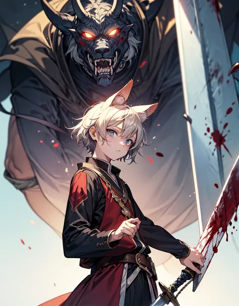 vivid colors、Excellent lighting、 Comic Style、anime style、detailed illustration、detailed background、High Resolution、very aesthetic、masterpiece、high quality、 manga style 、 anime style 、medieval fantasy style、the man with small ears、casually swings through a ...