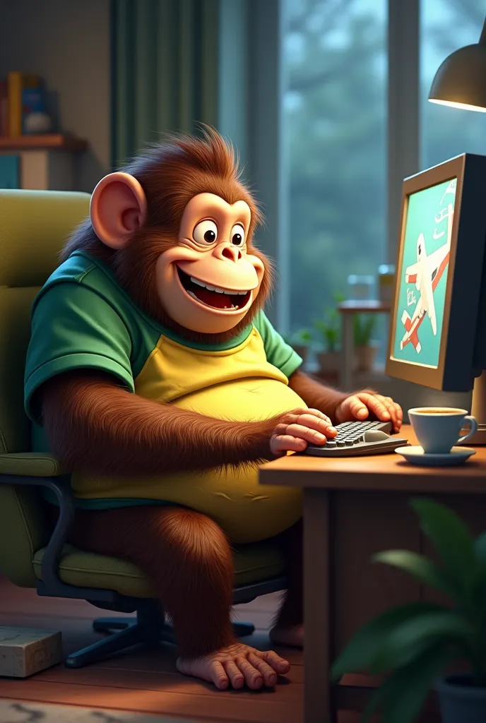 A happy fat monkey playing Flight Simulator on PC with an old green and yellow t-shirt and Crocs drinking espresso 