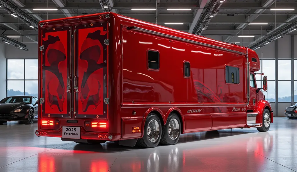 3D render of a heavily modified 2025 Peterbilt Motorhome in Luxury Heavy-Duty Motorhome in classic red colour, Front Side View The Luxury Heavy-Duty Motorhome features closing doors, ultra-high-detail glossy and shiny modifications, including sleek add-ons...