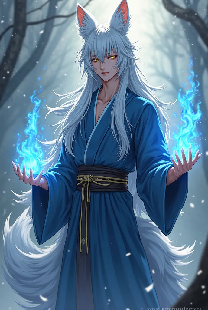 Name: Tomoe
Youkai type: Kitsune
Age: about 300 years old (looks like a 20-year-old human)
Appearance:  Tall, with long silver-white hair, yellow eyes, fox ears, tail and claws. 
 Clothes: blue kimono .
 Character : proud, resolute and somewhat cold-bloode...