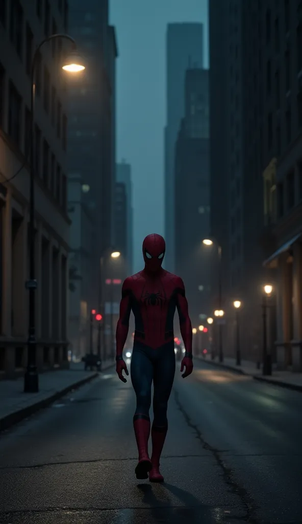 "A hyper-realistic HDR scene showing Spider-Man, sad and downcast, walking slowly down a dark street at night. The dim light from streetlamps softly illuminates his face, revealing his expression of dejection and loneliness. His body is slightly hunched ov...