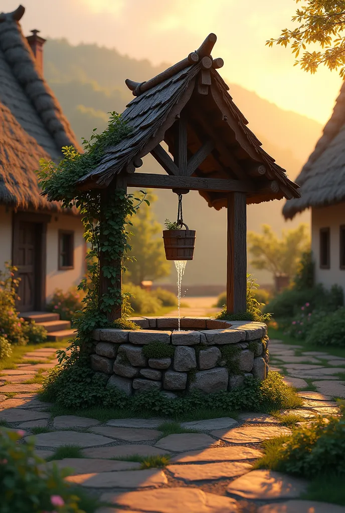 a well in a village , cinematic ,sunrising