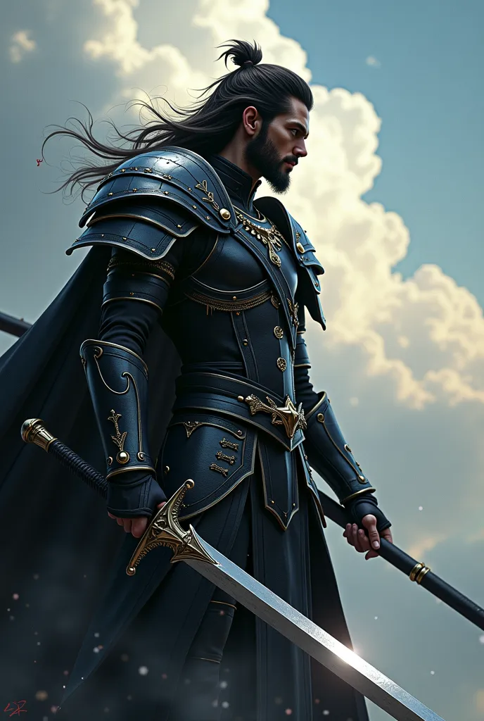 a close up of a person holding a sword in the sky, concept art by Yang J, cgsociety contest winner, fantasy art, beautiful male god of death, dark fantasy style art, epic exquisite character art, epic fantasy digital art style, style of raymond swanland, e...