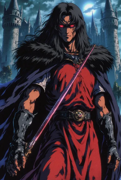 man with dark skin, long black hair, dressed in a red medieval tabard, red eyes, black leather gloves, torn cloak with voluminous black hair on the shoulders, look of superiority and sarcastic smile, castle