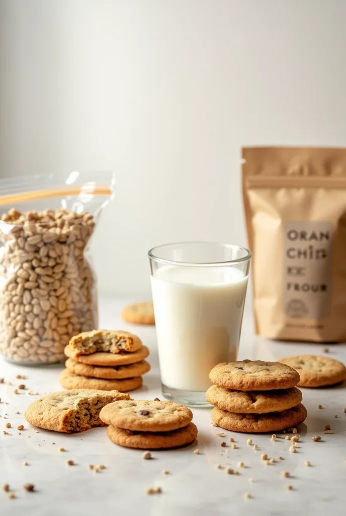 An image with cookies,milk,nutrition bar,seeds in bags 