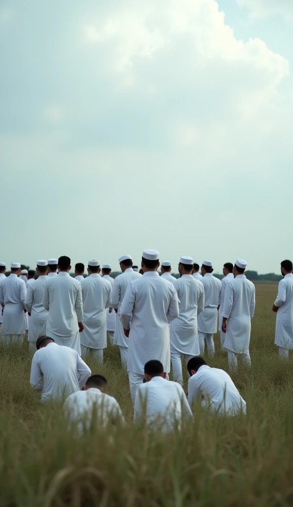 "A solemn funeral scene in an Islamic setting, where a group of people dressed in white are performing Janazah prayer in an open field. The sky is slightly cloudy, adding to the emotional and reflective atmosphere."
