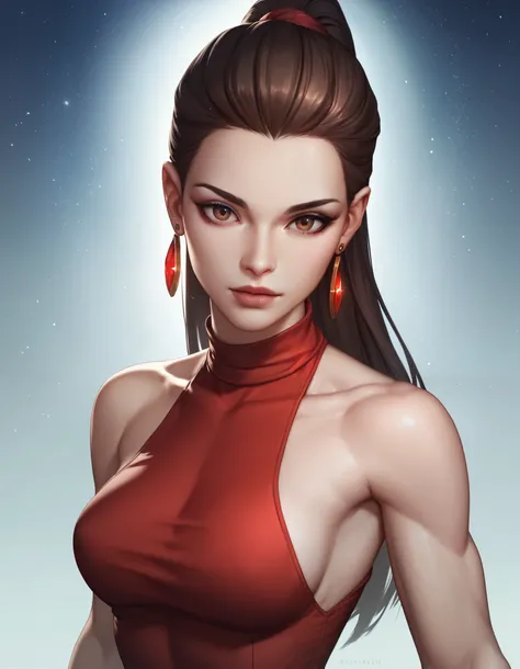 female red sleeveless turtleneck, bare shoulders, racerback, bare toned arms, beautiful faces, black ponytail with showing forehead, long ponytail, earrings, soft smooth skin, pale skin, night background, brown eyes, sci-fi, high contrast, assassin, hitwom...