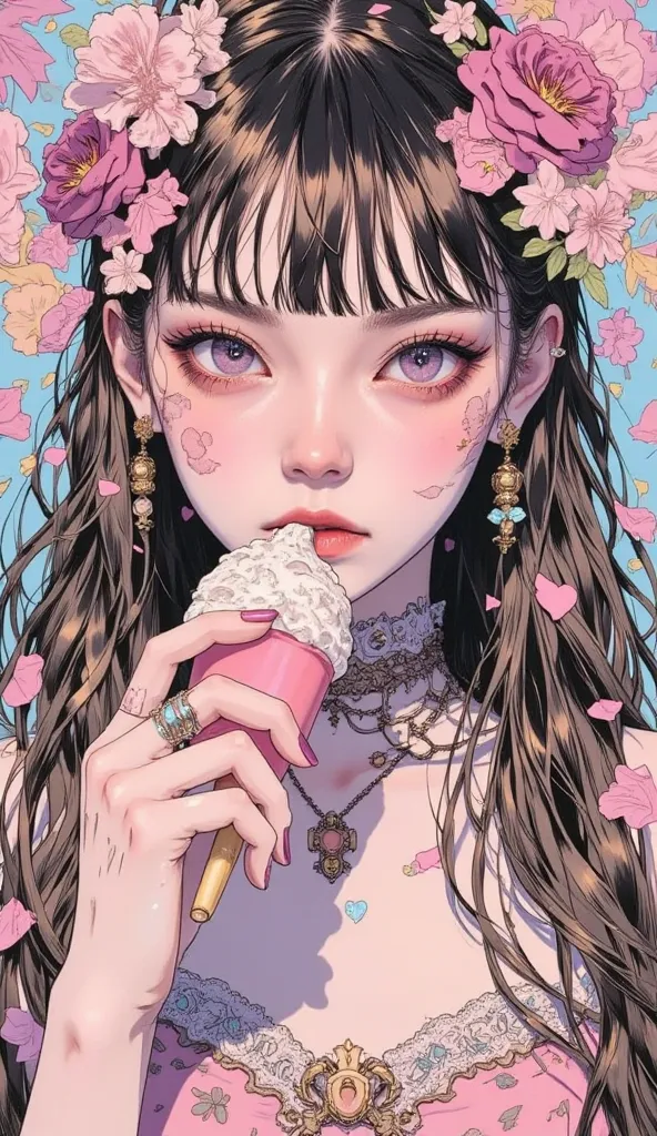  Gothic Lolita woman is eating cute ice cream、 heart,,flower、Feminine Gothic Aesthetics   , Close up details, Detail shot,   with clear details ,   Artie Love Blow Style , Silkscreen Art ,  Closeup Photo , Extra Fine Ink details ,   silkscreen print   ,  V...