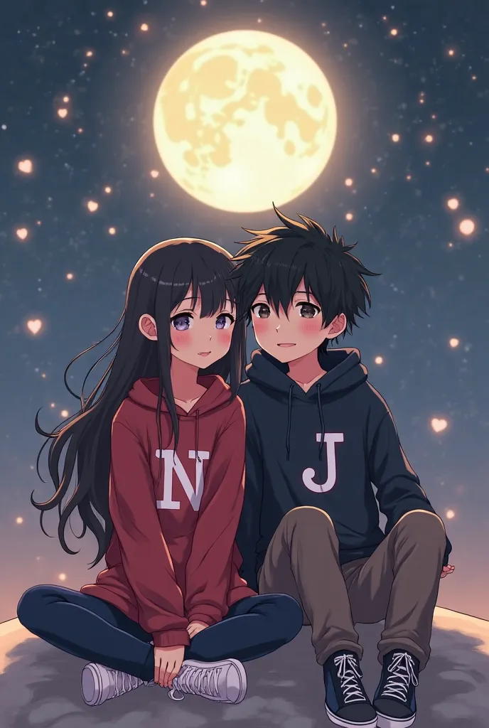 "A cute, anime-style digital illustration of a young couple sitting together under a bright full moon. The girl has long, flowing black hair and wears a red hoodie with the letter 'N' on it, while the boy has short, tousled black hair and wears a black hoo...