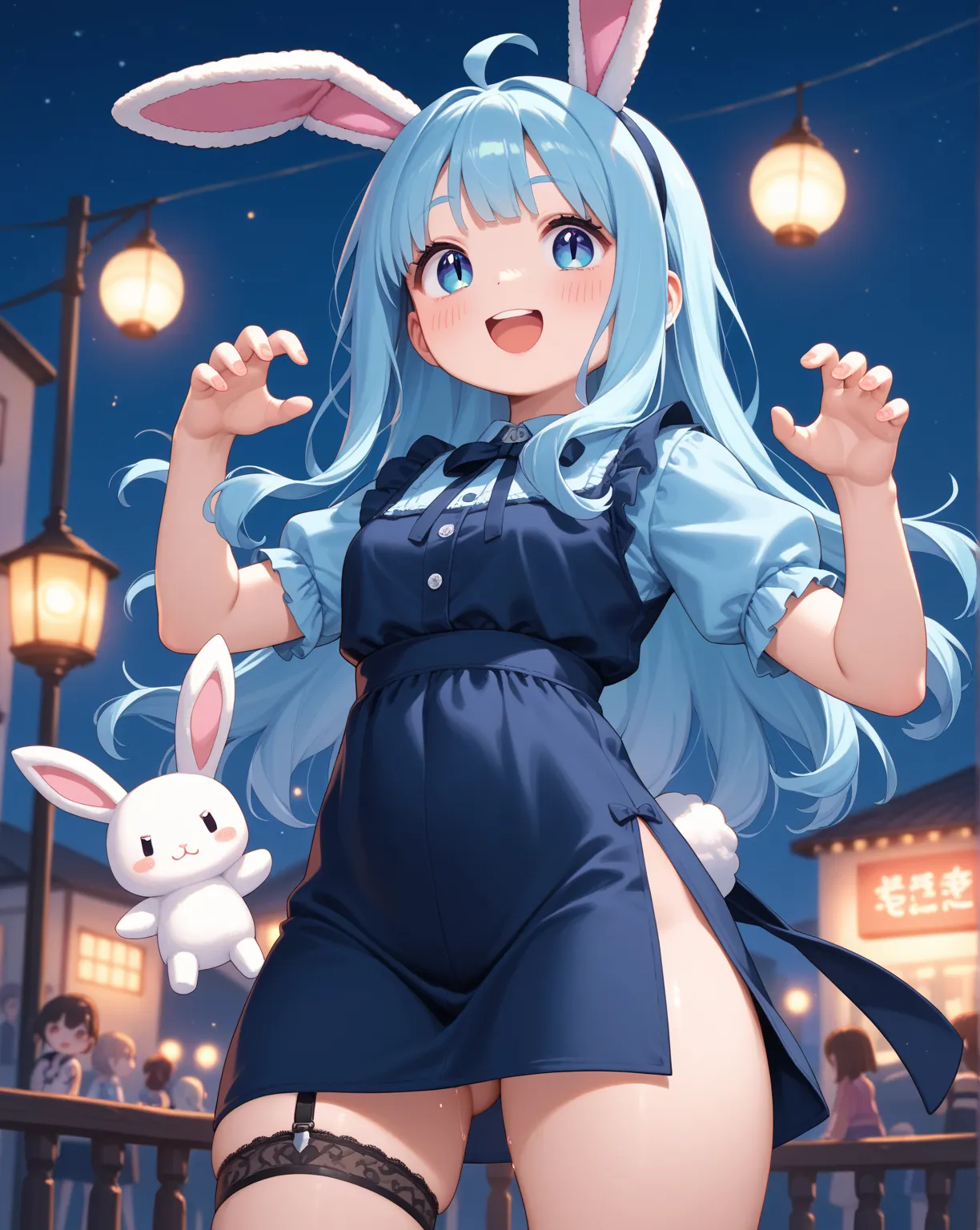 chibi anime , petit girl , round face , show off Thick thighs , bold open side drawstring dress , black garter ring , (heart is beating fast:0.1) , (Rodents tooth) , bold pose , out of frame , looking away , coquettish , stuffed rabbit , turn , night club ...