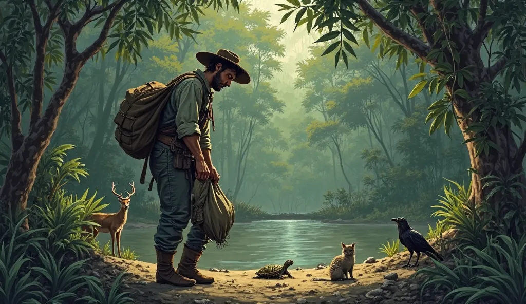 Illustrate the dramatic moment when the hunter, a tall man with rough clothes, a wide-brimmed hat, and a hunting bag slung over his shoulder, grabs the turtle and places it inside a sack. The turtle, small and helpless, looks up with concern but remains ca...