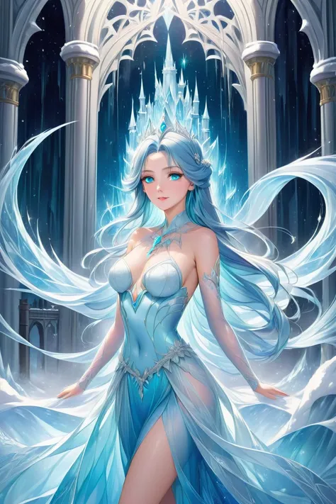 anime girl, beautiful face, ice princess style, turquoise eyes, long blue hair, ice castle background, (eye details), (face details), (body details), (background details), (masterpiece)