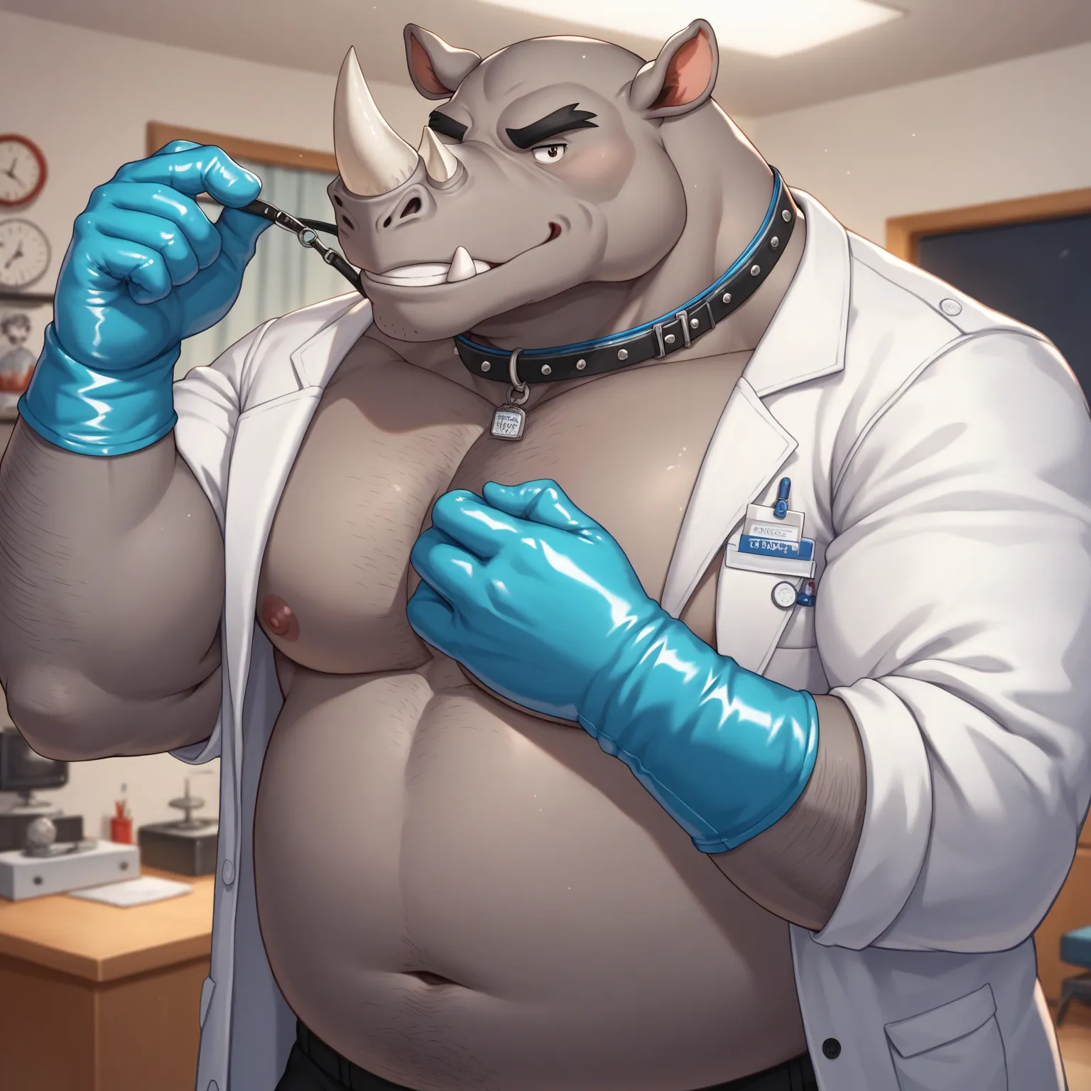 Scribble Rhinoceros face,Humanity(Rhinoceros),Chubby,(Black eyebrows:1.1),(Perfect eyes),Smooth Skin，（artist:Takemoto Arashi），Living Room background，（Collar:1.3），claw，（Doctor Uniform:1.3）。Wearing a Leather collar around his neck. Wearing light-blue latex g...