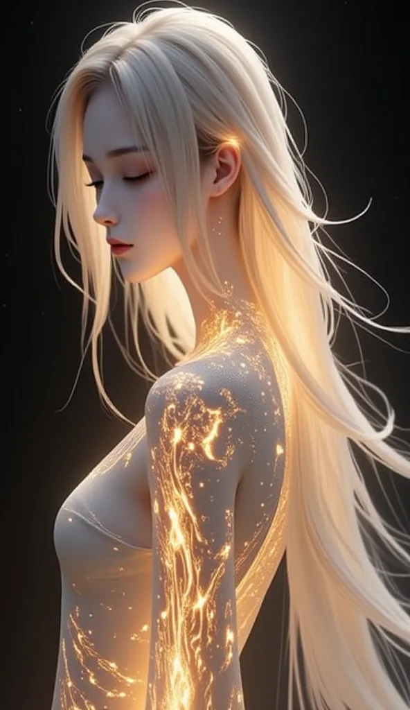 pa311.a digital artwork that combines elements of both photography and painting. It portrays a serene and ethereal figure with flowing white hair and intricate patterns resembling flames on the skin. The figure is depicted in a soft, glowing light, creatin...