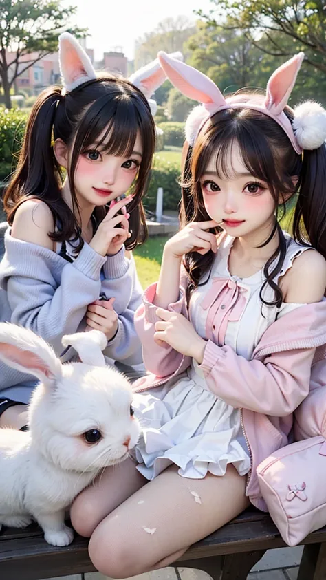 Girl playing with lots of rabbits, smile, ribbons, twin tails,    accessories, teeth,        Rabbit Ears, anatomically accurate,  Brush,  brown eyes,