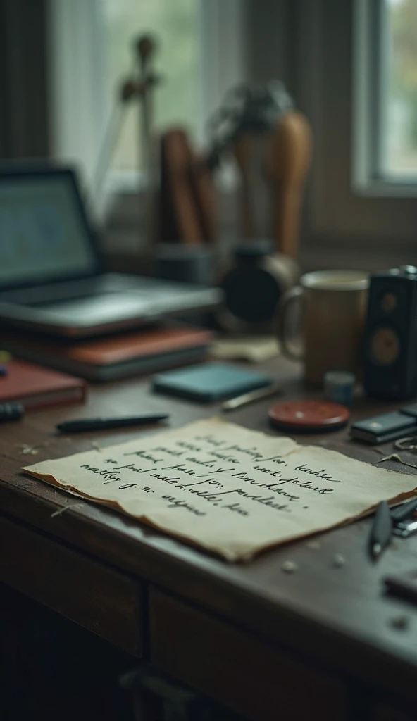 On a desk is a letter written in small letters in a blurry apartment. 