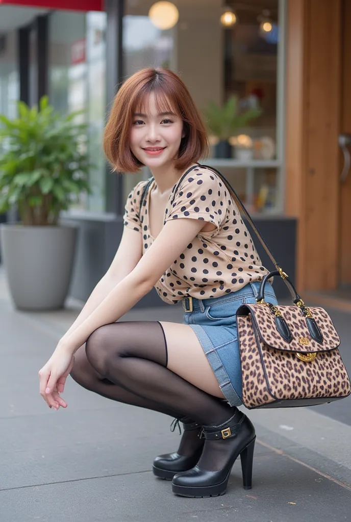 This is a photograph taken at street level, capturing a young Asian woman with light skin and short, auburn hair styled in a side-swept fringe. She is crouching down, her knees bent and arms resting on them, looking directly at the camera with a slight smi...