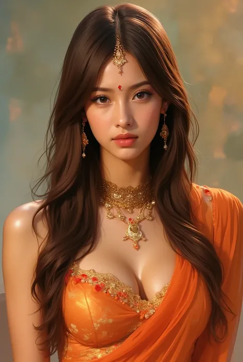 Hindu Goddess Sita, sari, cleavage, orange sari