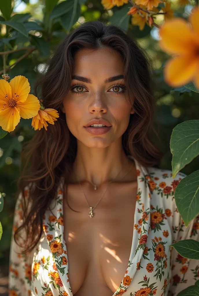 A Brazilian woman in a lush tropical garden,  wearing an open shirt with floral print, with a close up capturing the harmonious beauty between your breasts and the natural flowers, showing her natural charm and outgoing personality.