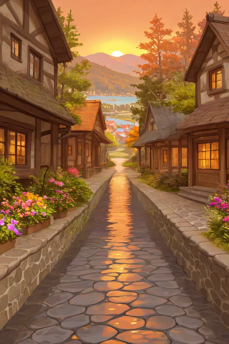 A small town by the river, mountains in the background, colorful floral flowers,  detailed landscape, beautiful natural landscapes, atmospheric lighting, scorching sunset,  warm colors, practical, Photographic, detailed foliage, complex buildings, cobblest...