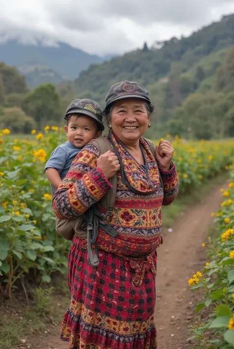 With the gesture of we can do go do a cholita in the city of Cuenca - Ecuador,.in the middle of a rural landscape, full of vegetable and fruit plantations and that she has a baby carrying around her back