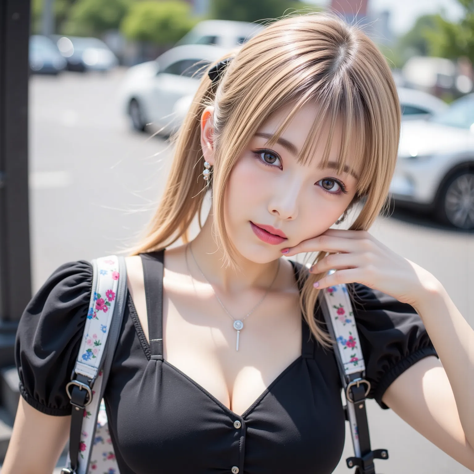 ((8K wallpaper)),((blond hair)),((side ponytail)),((big breasts,Big Breasts)),((dark eyeshadow pink with dark orange lipstick)),(( beautiful Japanese girl)),((Intelligent Glasses)),((street corner background )),((colorful manicure for nails)),((earrings, n...