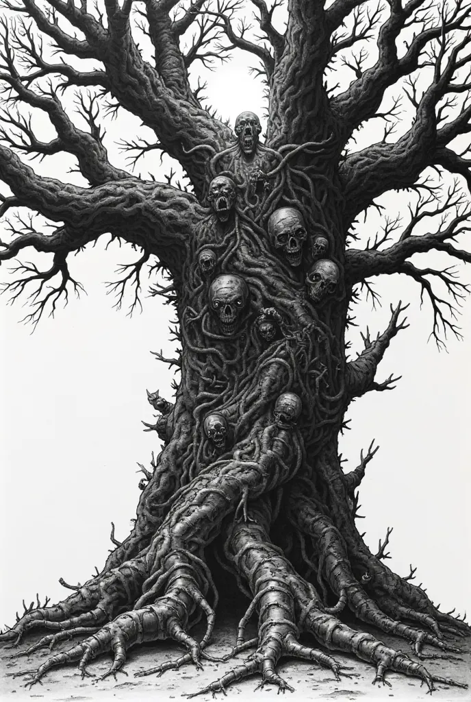 A highly detailed, black-and-white ink illustration of a massive, ancient tree. Its thick trunk and gnarled branches transform into anguished human figures in pain, with outstretched arms and distorted faces merging with the bark. The tree’s thick, twisted...