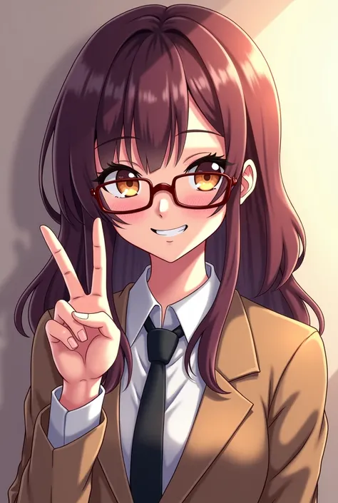 anime girl with glasses and a peace sign in her hand, inspired by Okumura Masanobu, with index finger, gapmoe yandere, inspired by Okumura Togyu, anime moe artstyle, 2 d anime style, [[[[grinning evily]]]], yandere, delicate androgynous prince, !!wearing g...