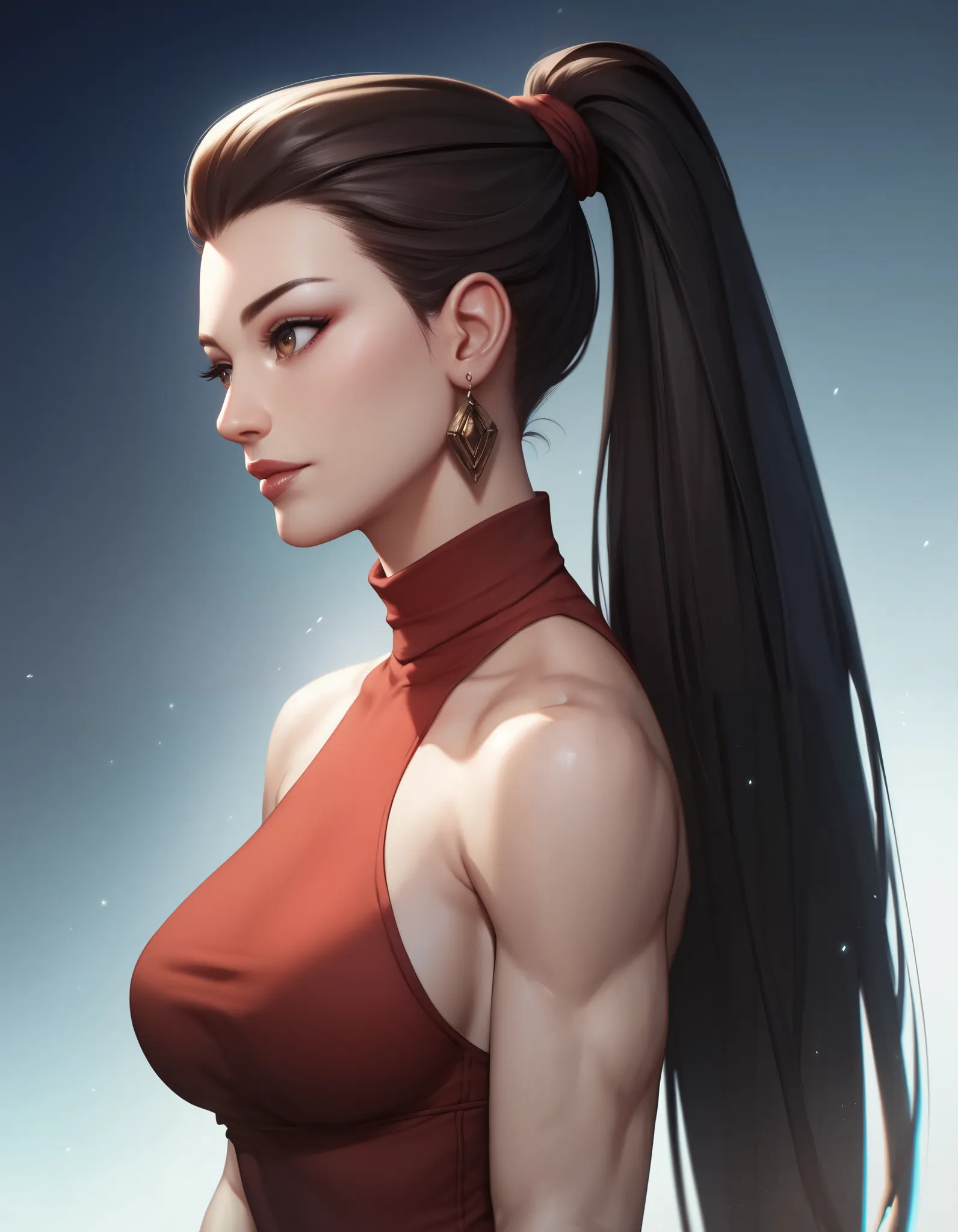 female red sleeveless turtleneck, bare shoulders, racerback, bare toned arms, beautiful faces, black ponytail with showing forehead, long ponytail, earrings, soft smooth skin, pale skin, night background, brown eyes, sci-fi, high contrast, assassin, hitwom...