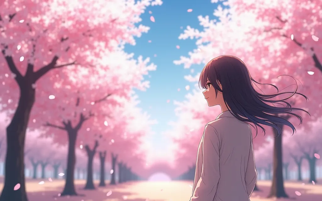 Generate a realistic picture for wallpaper in anime style with abundant blossom Sakura trees and lightly falling petals with the girl with her back turned to the camera afar during the day. The wind slightly blows her hair. Use light pink colors