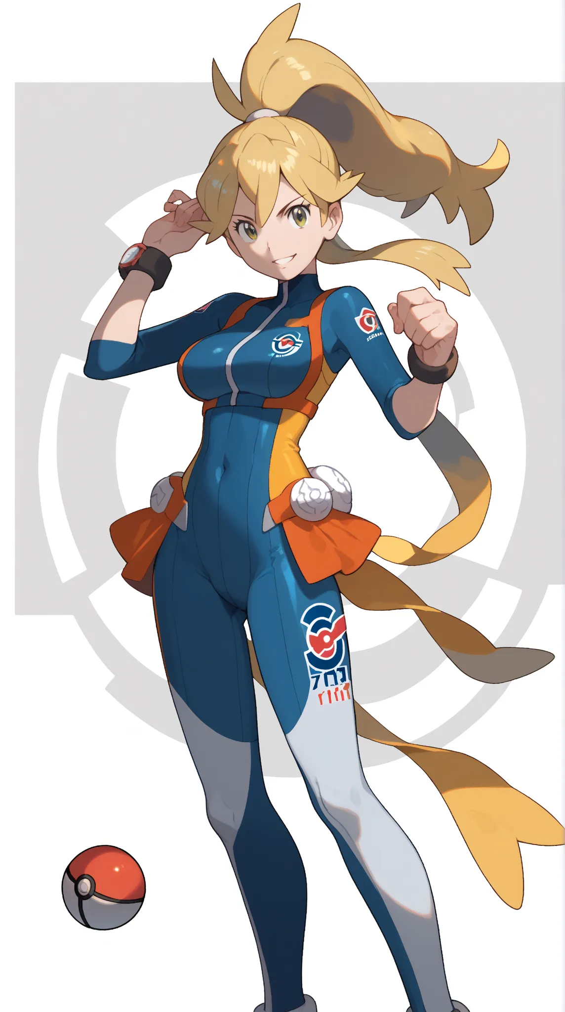 Busty female Pokémon trainer , classic ken sugimori Pokémon artstyle,concept art,, Pokémon trainer concept Artwork,short yellow Pony tail, Bodysuit,teasing